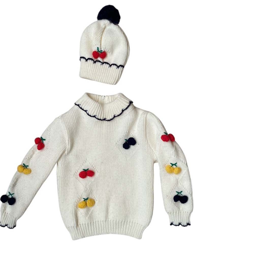 Vintage Baby Togs Turtleneck Sweater Matching Hat Cherry Sweater Cream and Blue